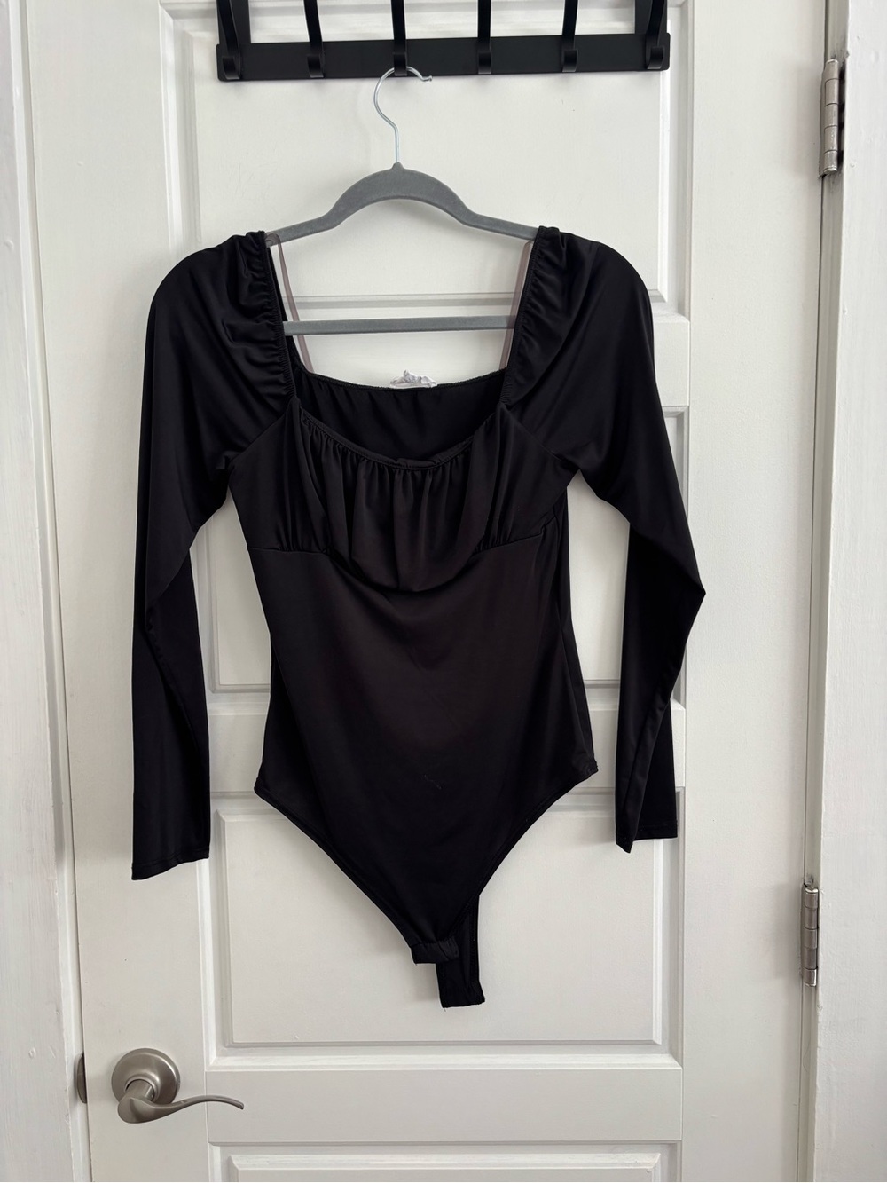 Black Long-Sleeve Square Neck Bodysuit with Gathered Front